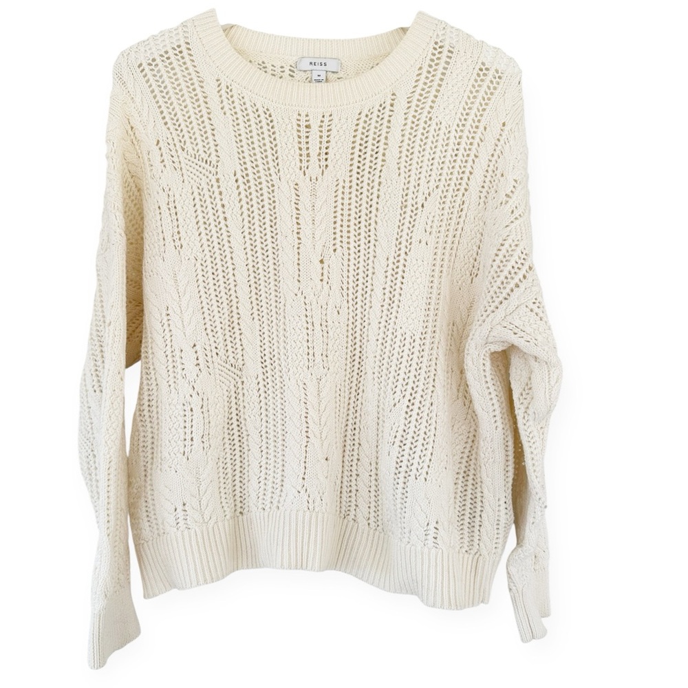 Reiss • Tanya Cotton Blend Open Stitch Crew Neck Sweater Ivory
